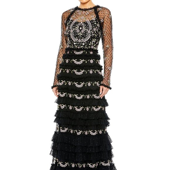 Mac Duggal 8030 Polka Dot Long Sleeve Floral Ruffle Tired Gown - Picture 4 of 12